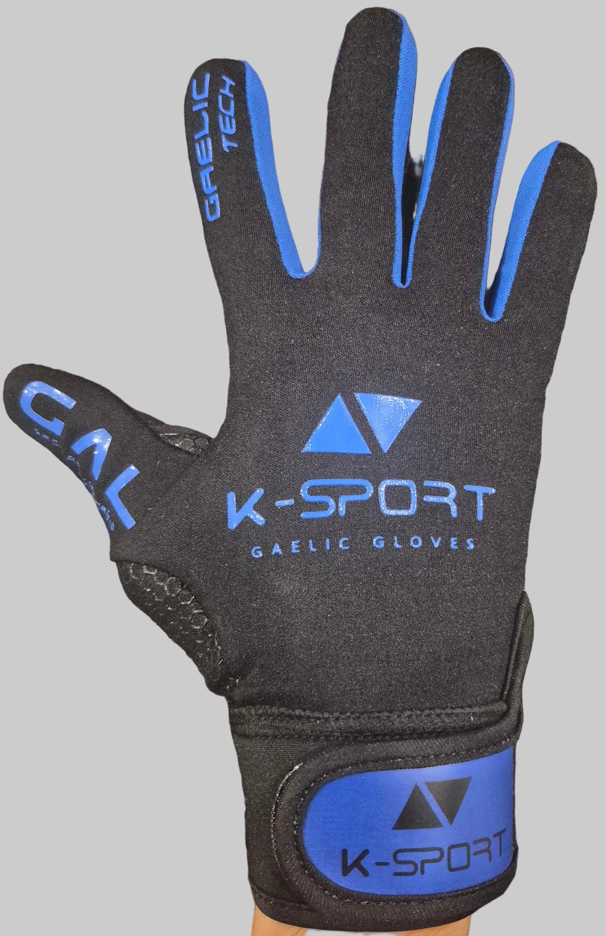 Black/blue gaelic football gloves with black wrist strap, all weather grip