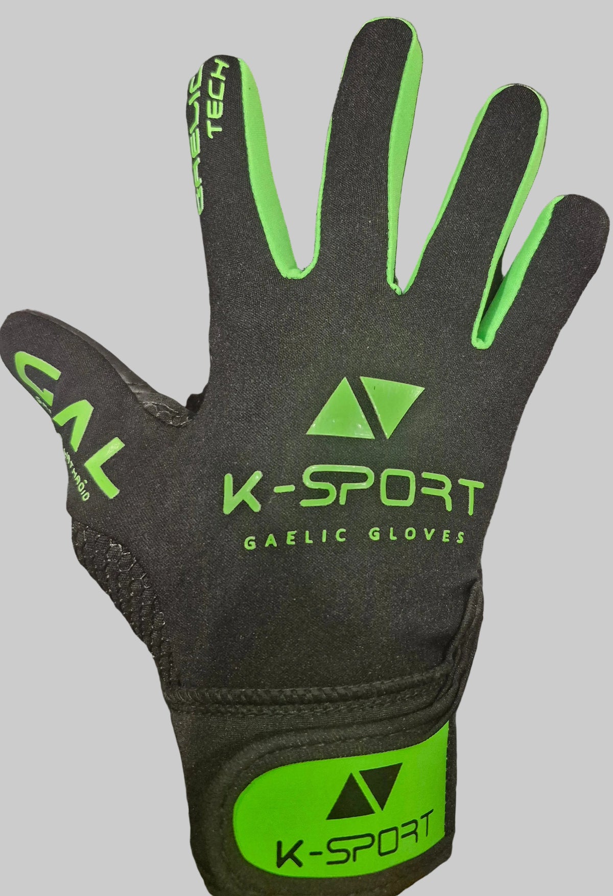 Black/green  gaelic football gloves with black wrist strap, all weather grip