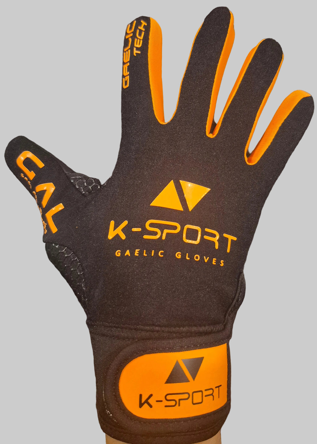 Black/orange gaelic football gloves with black wrist strap, all weather grip