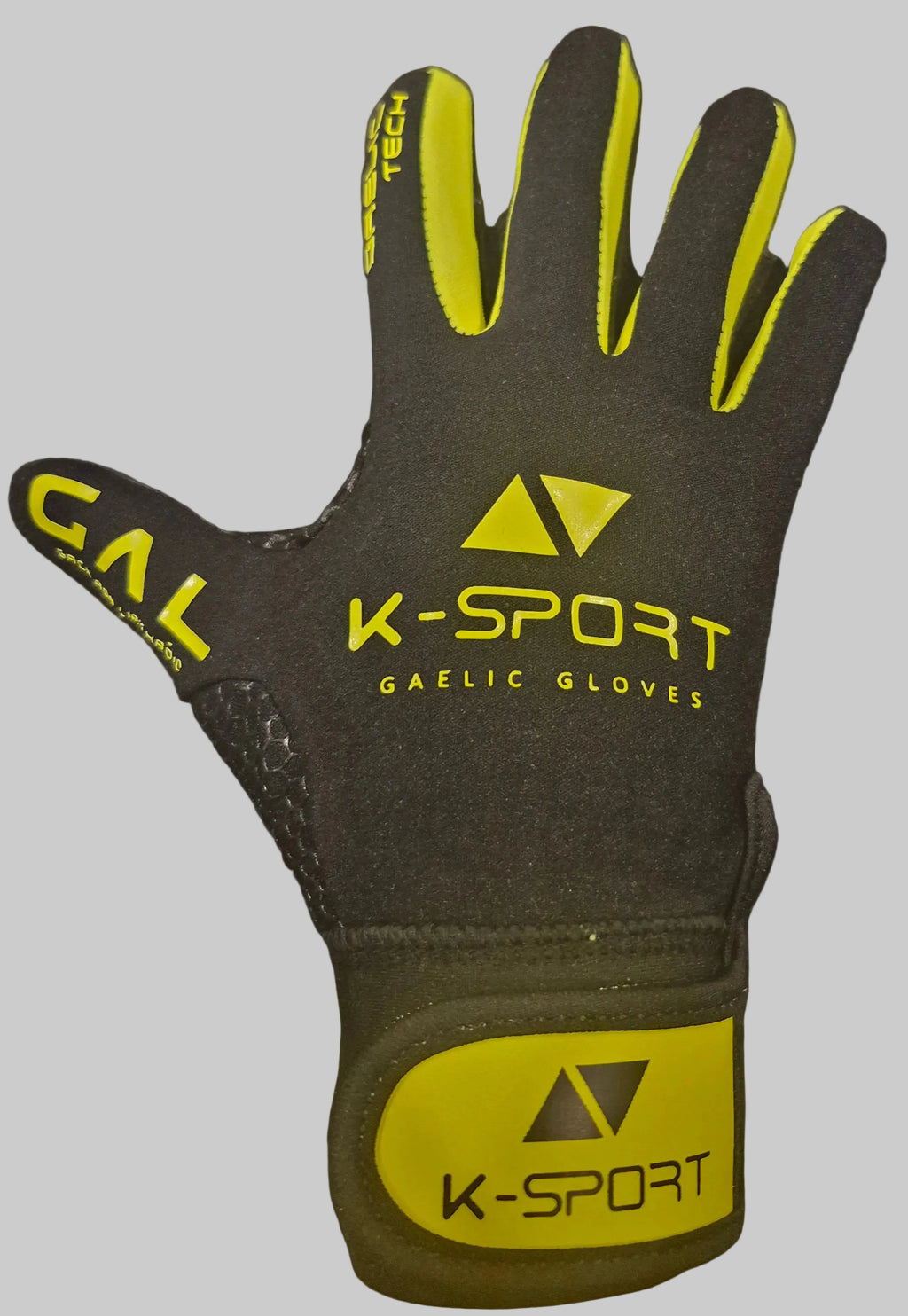 Black/yellow  gaelic football gloves with black wrist strap, all weather grip