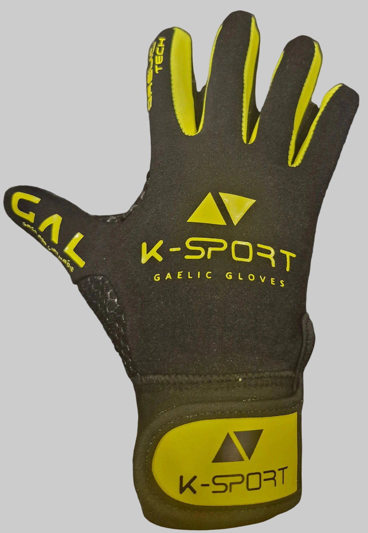 Black/yellow  gaelic football gloves with black wrist strap, all weather grip