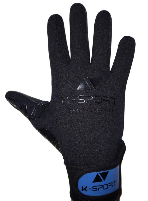 Black gaelic football gloves with blue wrist strap, all weather grip