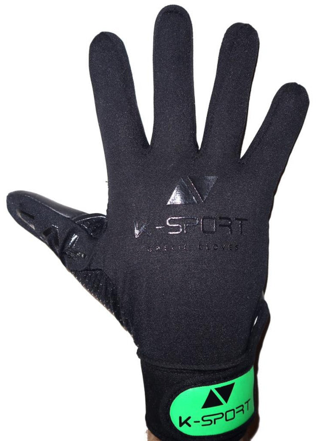 Black gaelic football gloves with green wrist strap, all weather grip