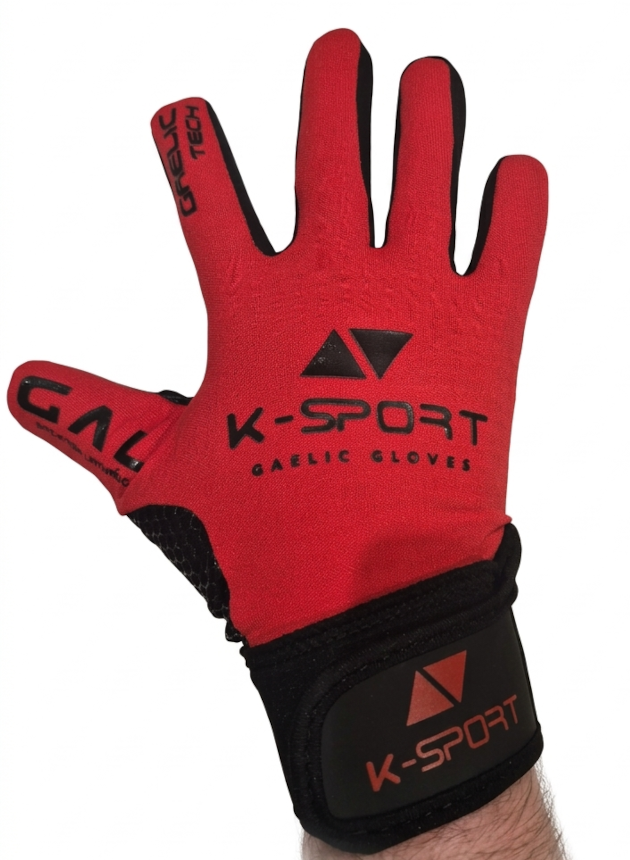 Red gaelic football gloves with black wrist strap, all weather grip