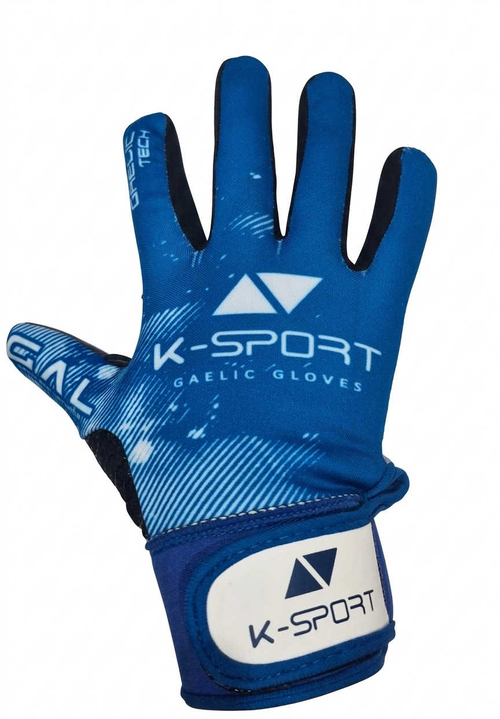 Blue gaelic football gloves with white wrist strap, all weather grip