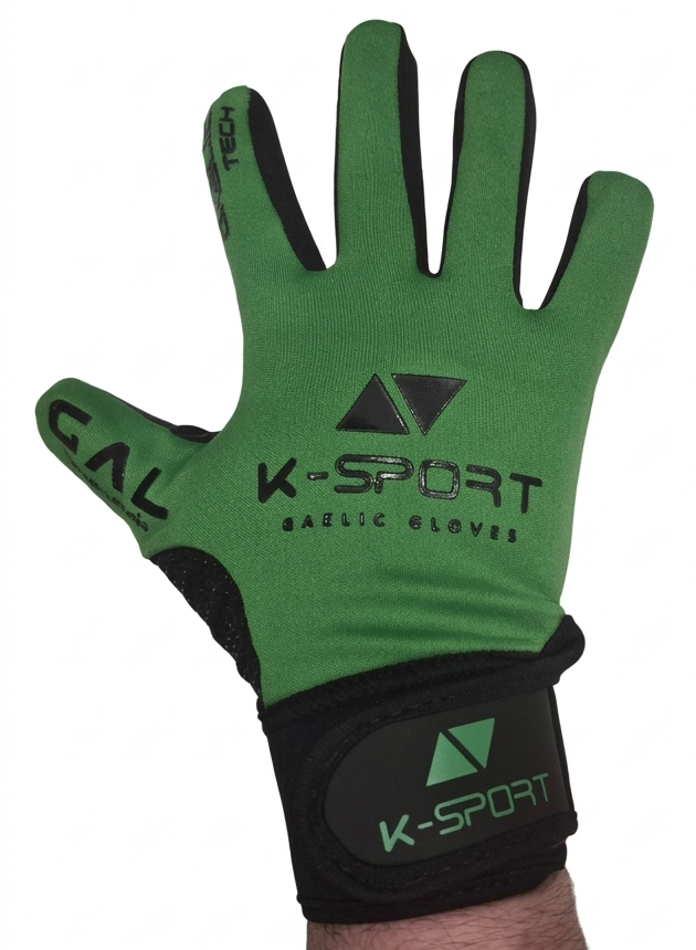 Green gaelic football gloves with black wrist strap, all weather grip