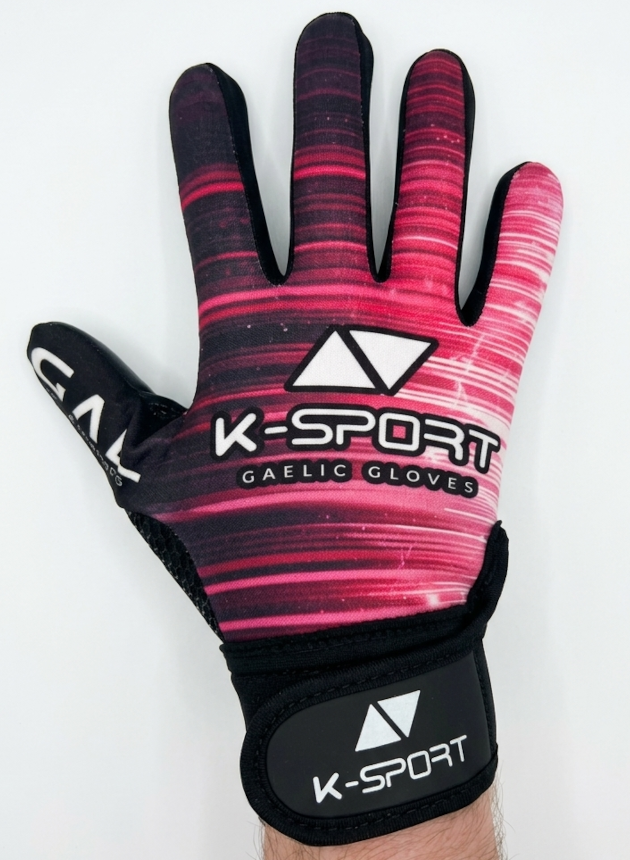 Pink gaelic football gloves with black wrist strap, all weather grip