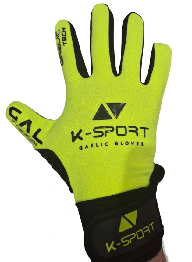 Yellow gaelic football gloves with black wrist strap, all weather grip